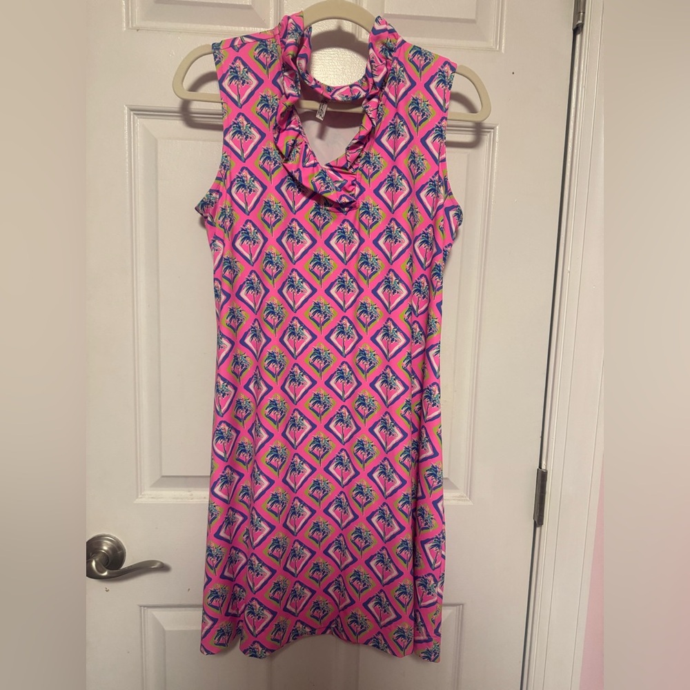 Lulu-B | Pink Tropical Palm Tree Print Ruffle  Dress